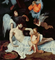 Christus am Fuß des Kreuzes, betrauert von der Jungfrau und Engeln